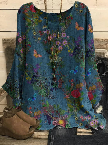 Round Neck Floral Print Casual Loose Long-sleeved Blouse