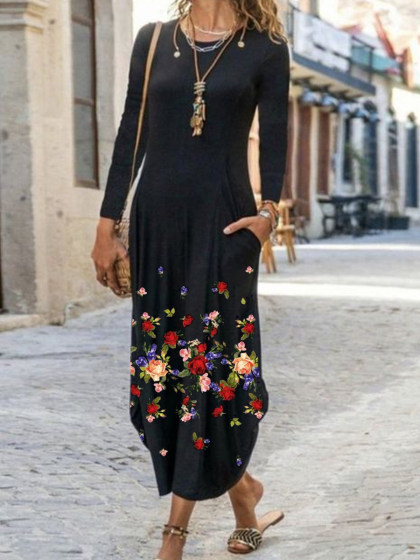 Ladies Floral Print Long Sleeve Maxi Dress