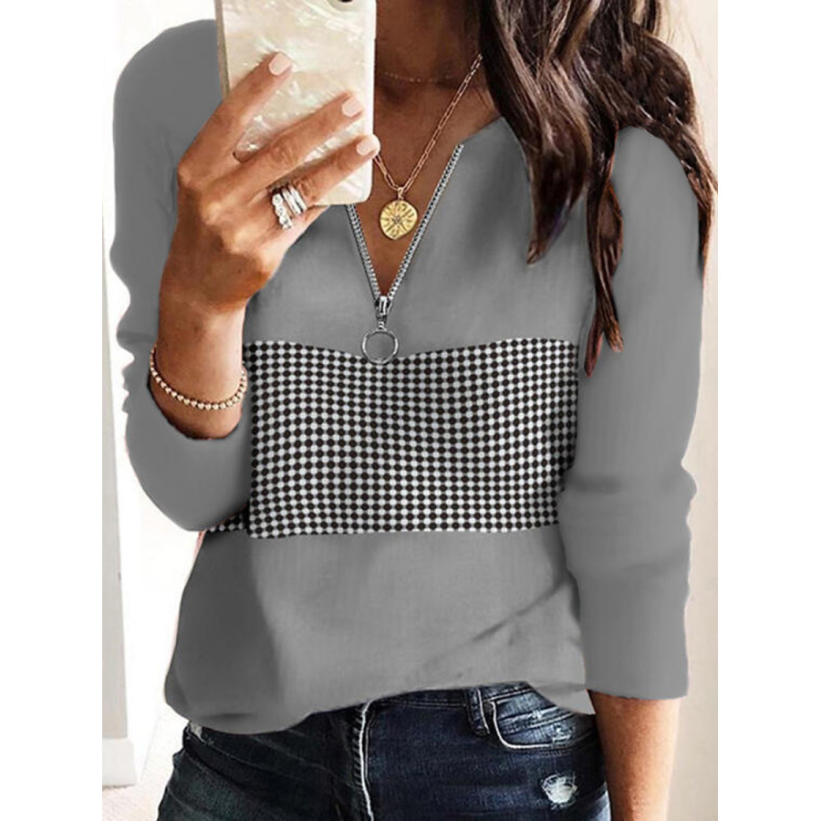 

Casual Plaid Print V Neck Zipper Long Sleeves T-shirt