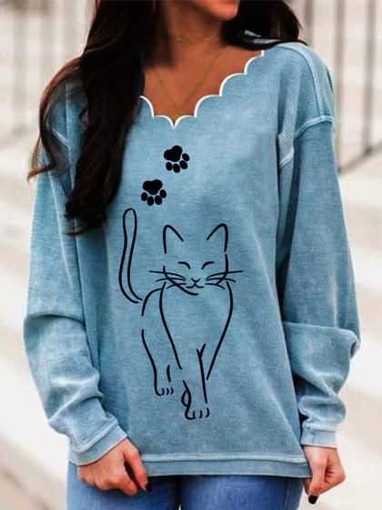Cat Print Fashion V-neck Long-sleeved Casual Sweatshirt