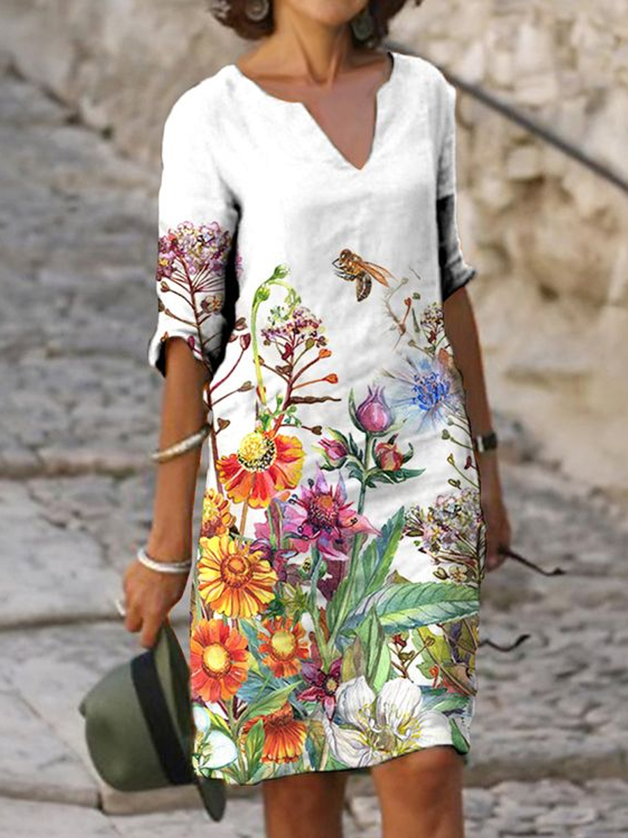 Ladies V neck Floral Print Fashion Shift Dress