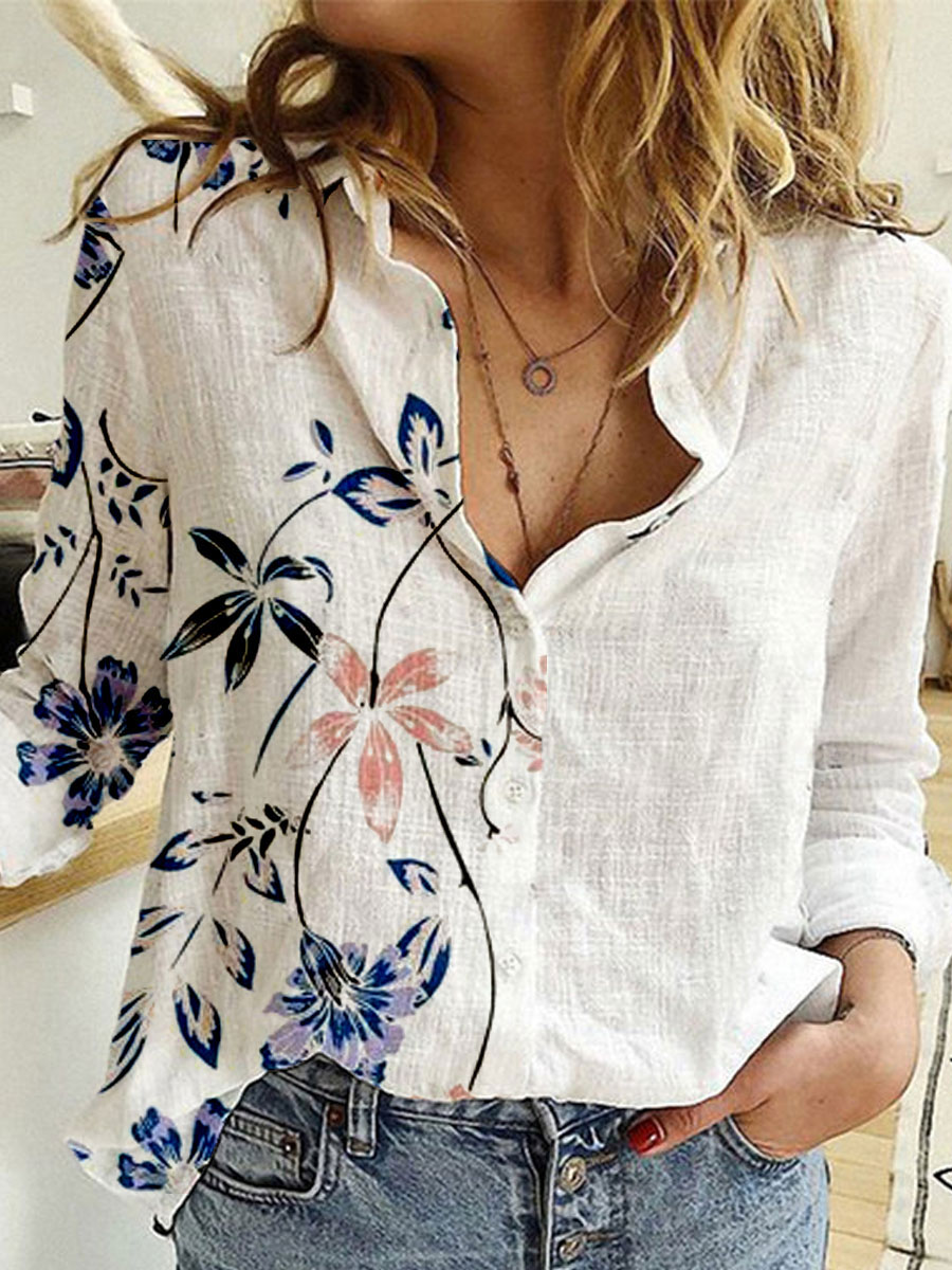 Fashion Flower Print Lapel Long Sleeve Casual Blouse