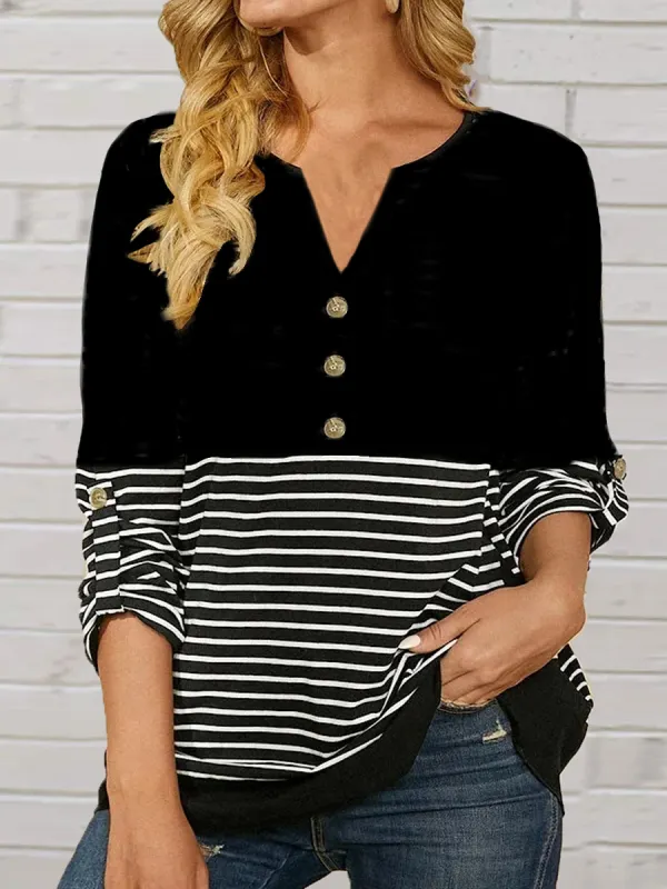 Casual Stripe V Neck Buttons Long Sleeves Loose T-shirt - Funluc.com 