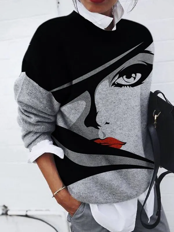 Casual Fashion Brushed Portrait Print Loose Long-Sleeved Pullover - Cominbuy.com 