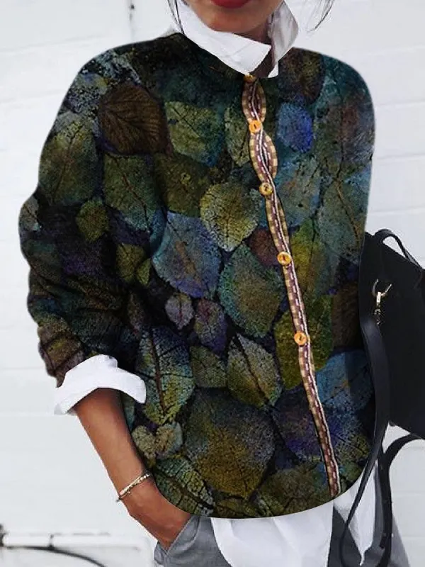 Casual Fashion Leaf Print Long-Sleeved Cardigan - Realyiyi.com 