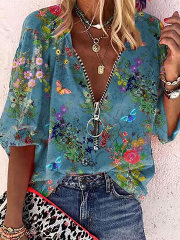 V-neck Zipper Floral Print Casual Loose Long-sleeved Blouse - Amikiss.com 