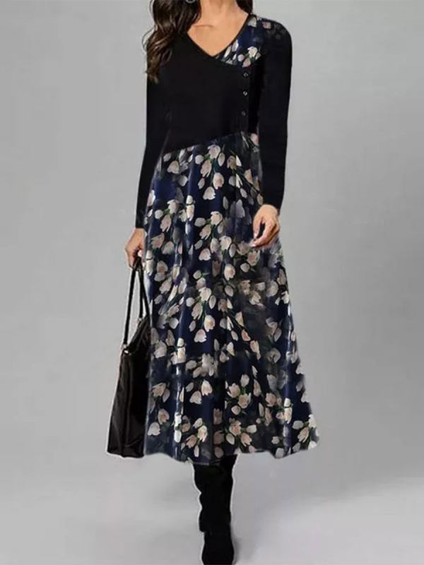 Fashion Flower Print V-neck Long Sleeve Casual Maxi Dress