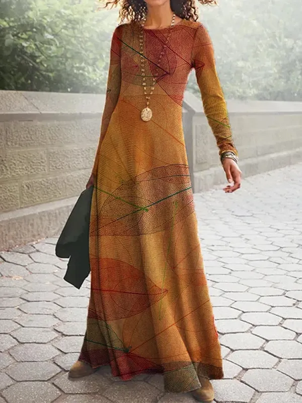 فستان ماكسي بأكمام طويلة وياقة دائرية وطبعة زهور كاجوال - Funluc.com 
