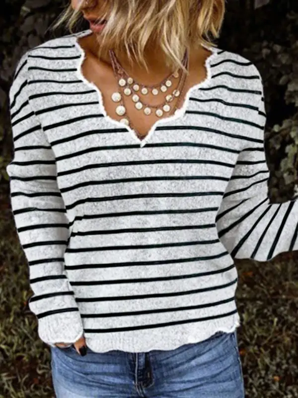 V-neck Striped Jacquard Loose Casual Sweater Pullover - Ininrubyclub.com 
