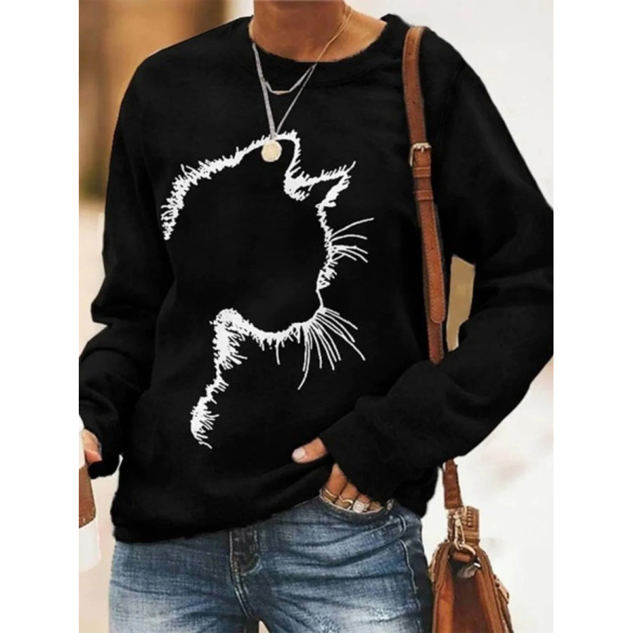 

Casual Cat Print Crew Neck Long Sleeves Sweatshirt
