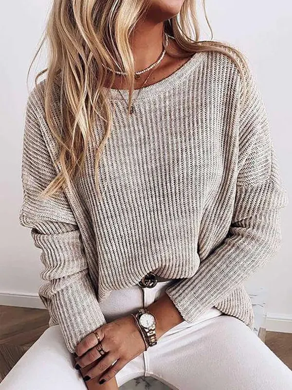 Casual Solid Color Crew Neck Long Sleeves Sweater - Funluc.com 