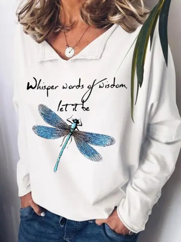 Casual Dragonfly Print Lapel Long Sleeve Casual Sweatshirt - Anystylish.com 