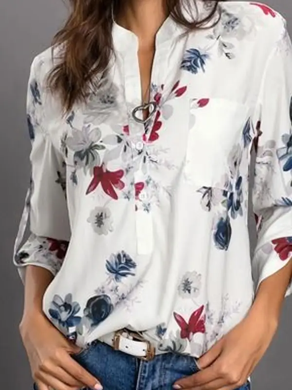 Floral Print Casual Loose Long-sleeved Blouse - Funluc.com 