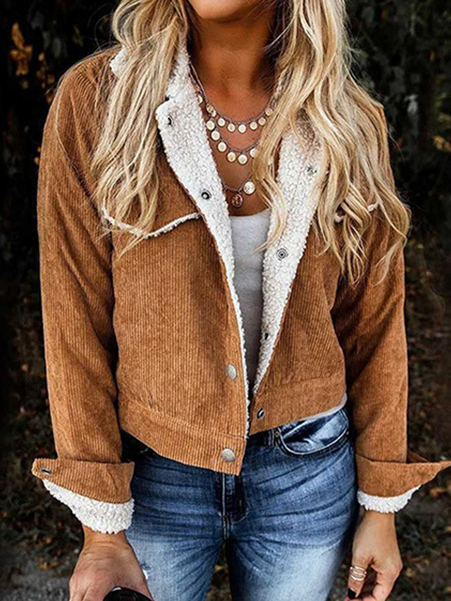 Casual Retro Lapel Pocket Lamb Wool Corduroy Stitching Jacket