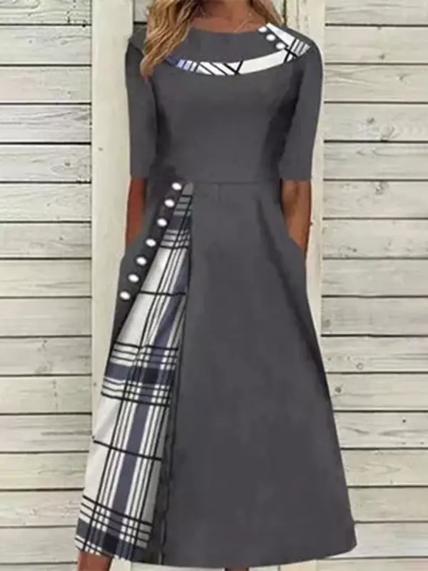 Fashion Check Print Lapel Long Sleeve Casual Midi Dress - Amikiss.com 