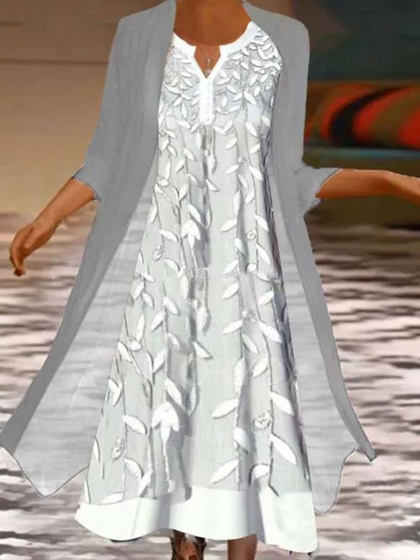 Round Neck Leaf Print Knitted Loose Suit Maix Dress