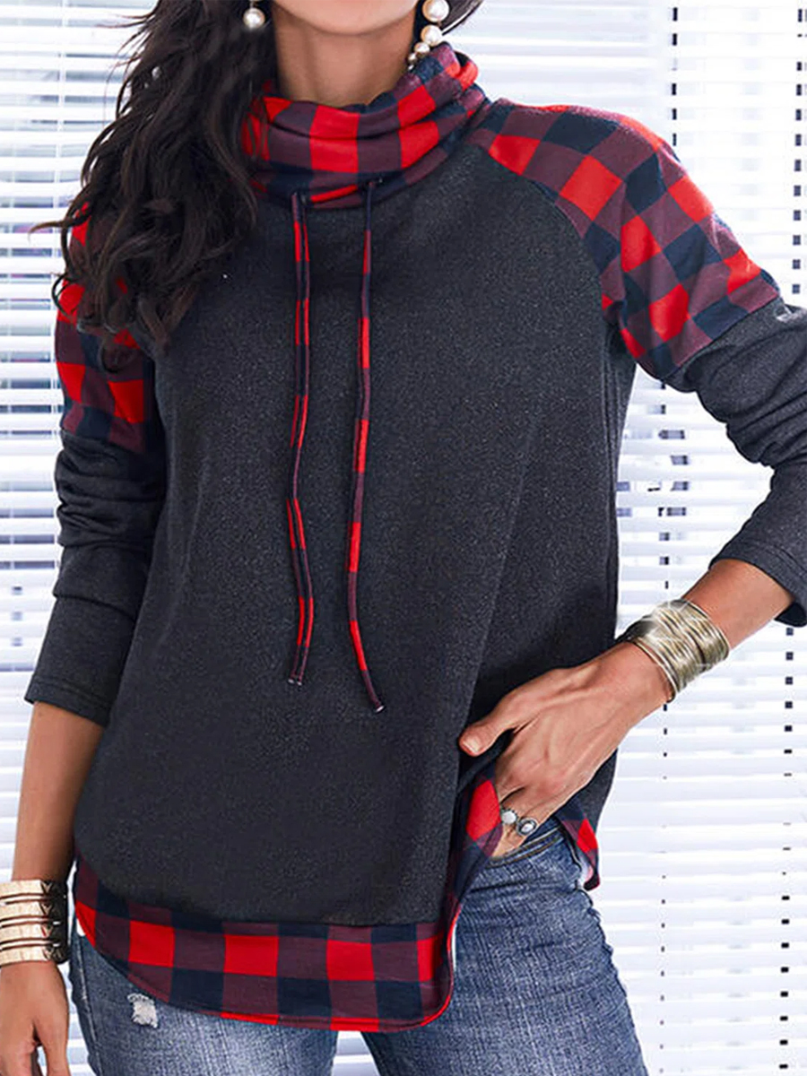 Casual Plaid Print Cowl Neck Chic Long Sleeves Sweatshirt