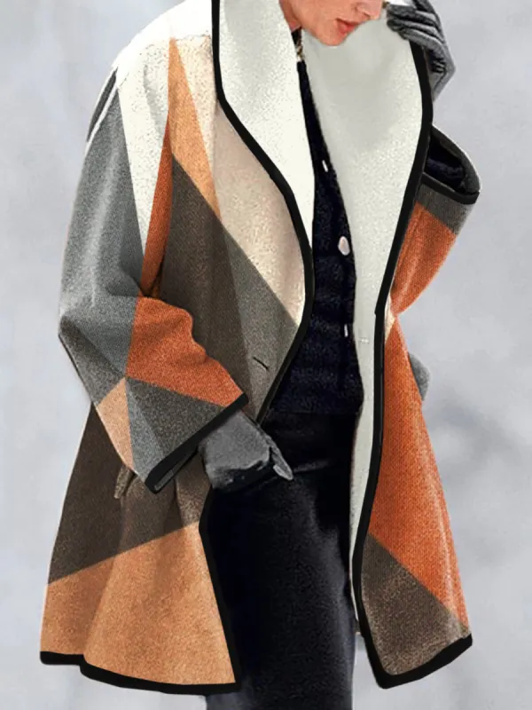 Contrasting Geometric Print Casual Loose Woolen Coat - Funluc.com 