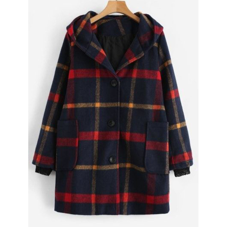 

Casual Vintage Plaid Long Sleeve Hoodie Coat