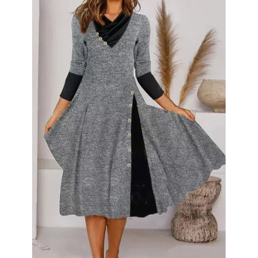 

Casual Color Matching Cowl Neck Long Sleeves Midi Dress