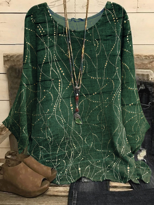 Casual Loose Bronzing Line Printing Long sleeved Blouse