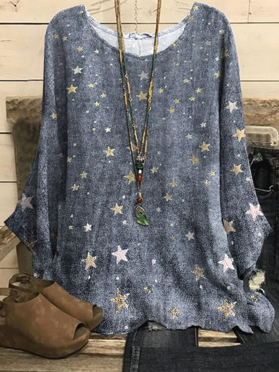 Casual Loose Hot Stamping Star Print Long sleeved Blouse