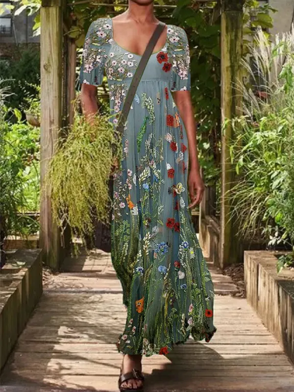 Casual Vintage Floral Print U Neck Short Sleeves Maxi Dress - Oasisjoy.com 