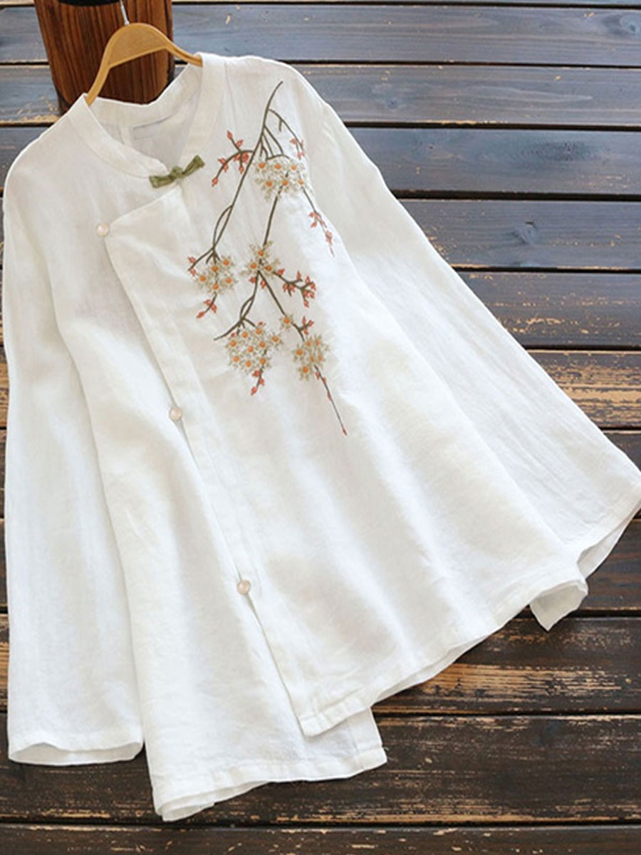 Casual Loose Floral Embroidered Long sleeved Blouse