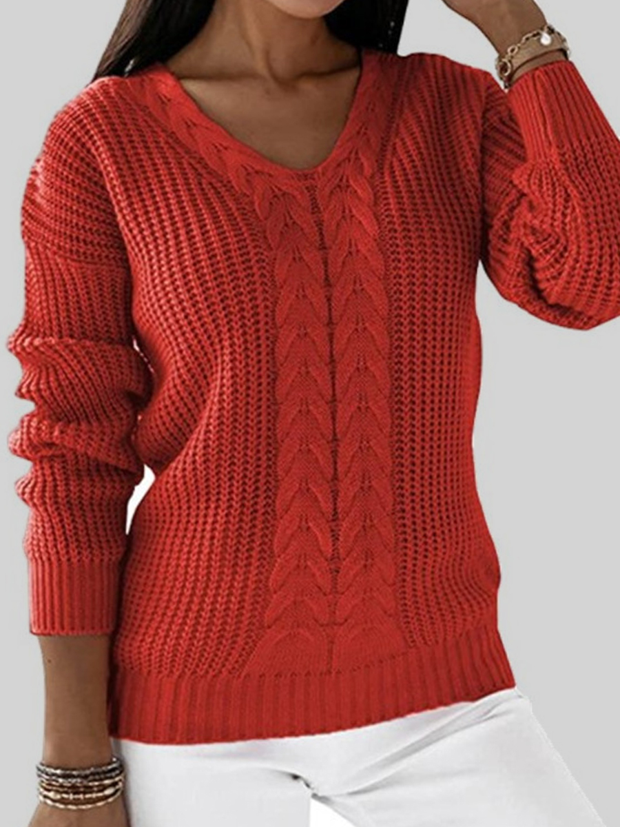 V neck Solid Color Twist Casual Knit Pullover
