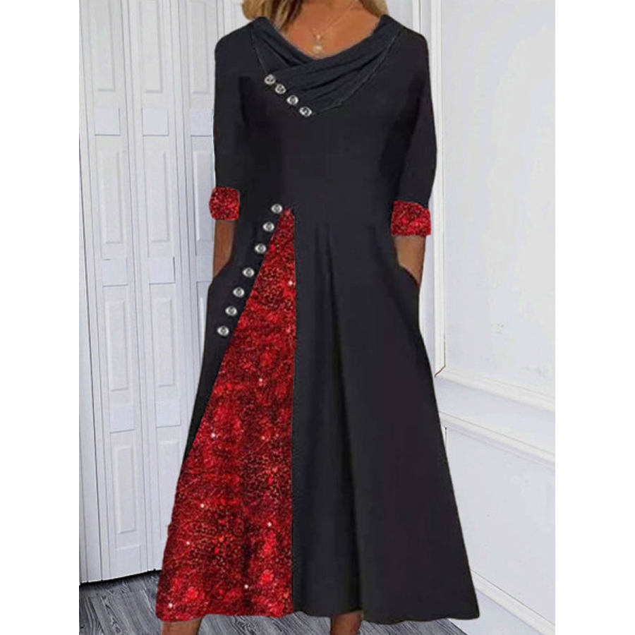 

V-neck Contrast Stitching Casual Long-sleeved Maxi Dress