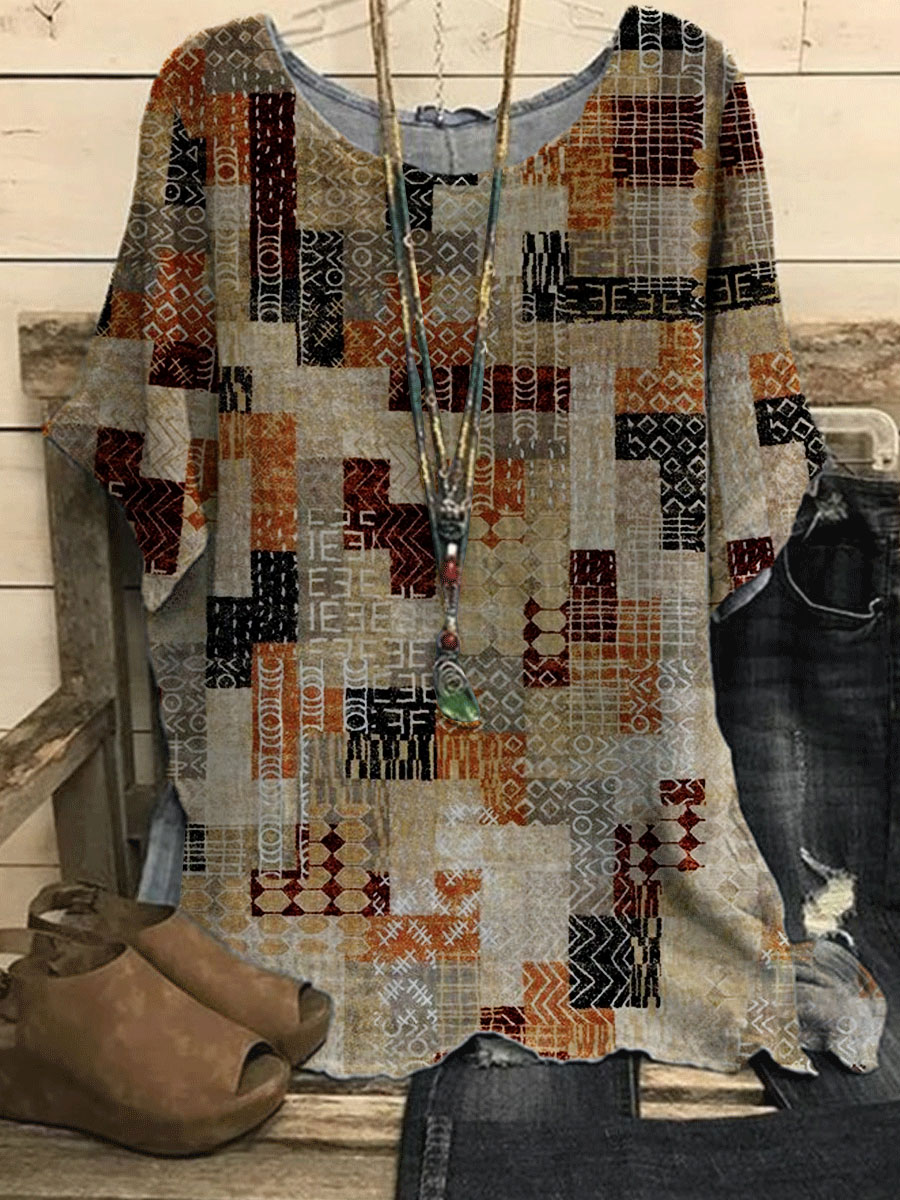 Round Neck Retro Print Loose Casual Short sleeved Blouse