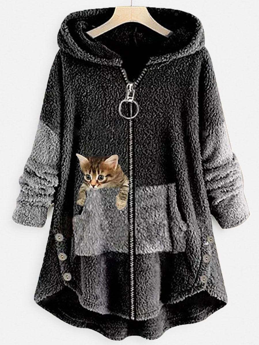 Loose Casual Cat Print Chic Lamb Wool Cardigan Hooded Coat