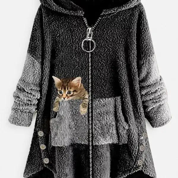 Loose Casual Cat Print Lamb Wool Cardigan Hooded Coat - Cotosen.com