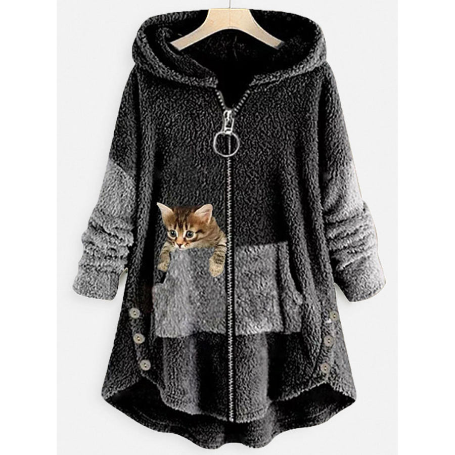 

Cappotto Con Cappuccio In Cardigan Di Lana Di Agnello Con Stampa Gatto Casual Sciolto