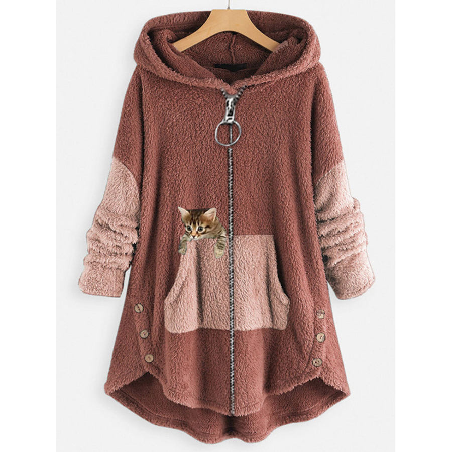 

Loose Casual Cat Print Lamb Wool Cardigan Hooded Coat