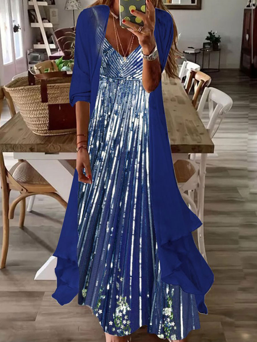 V neck Printed Loose Long sleeved Suit Maxi Dress
