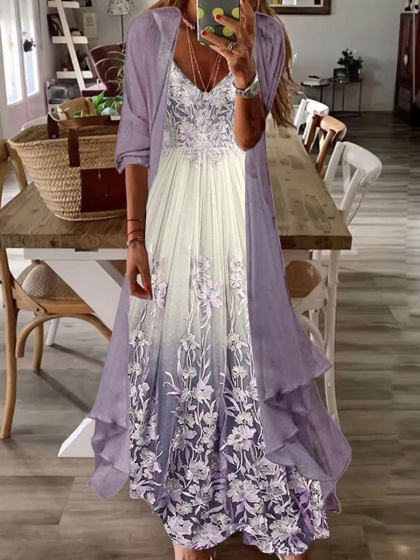 V-neck Printed Loose Long-sleeved Suit Maxi Dress