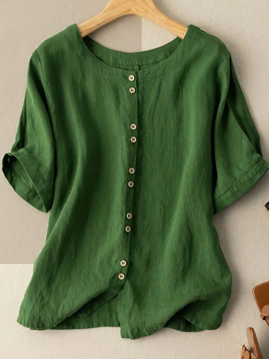 Cotton And Linen Round Neck Casual Short sleeved Blouse
