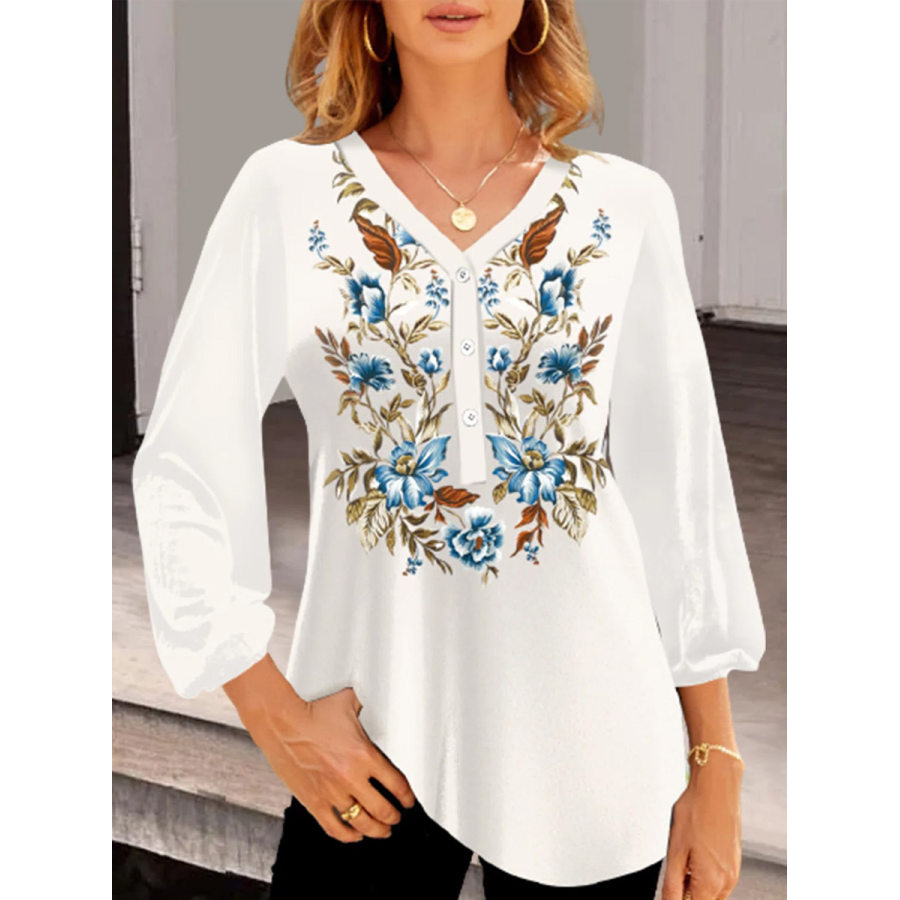 

V-neck Floral Print Casual Loose Long-sleeved Blouse