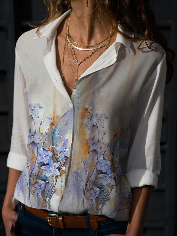 Floral Print Casual Long-sleeved Blouse - Amikiss.com 