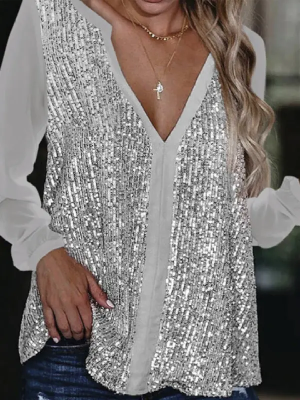 V-neck Sequin Stitching Loose Casual Long-sleeved Blouse - Ininrubyclub.com 