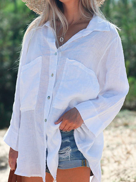 Pure Color Loose Casual Long sleeved Blouse