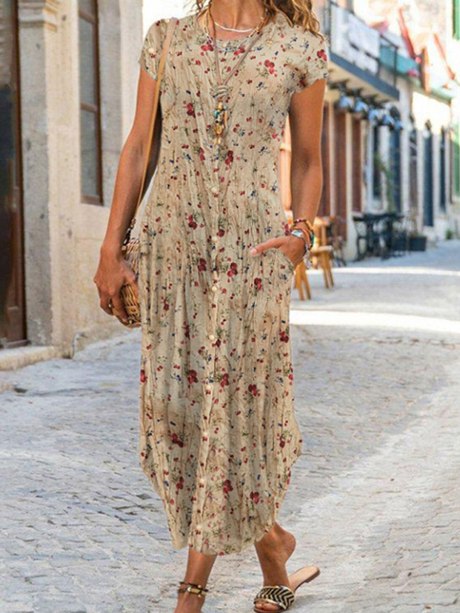 Round Neck Floral Print Loose Cardigan Short Sleeve Maxi Dress