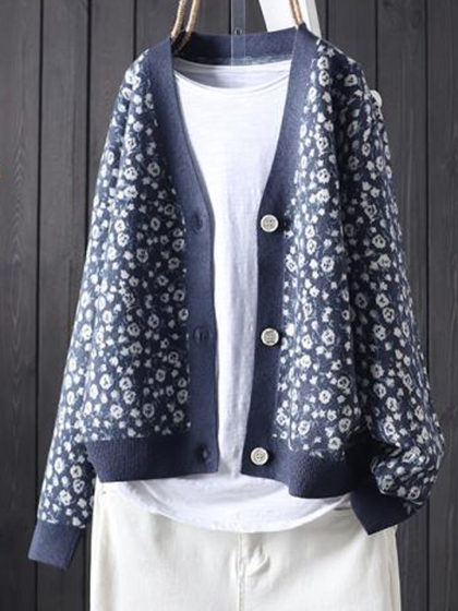 Floral Jacquard Casual Knitted Cardigan