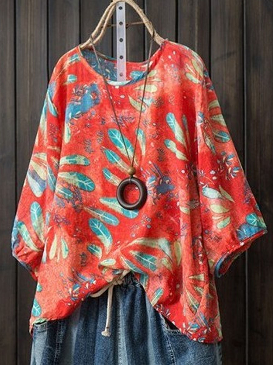 Round Neck Retro Floral Print Casual Long sleeved Blouse