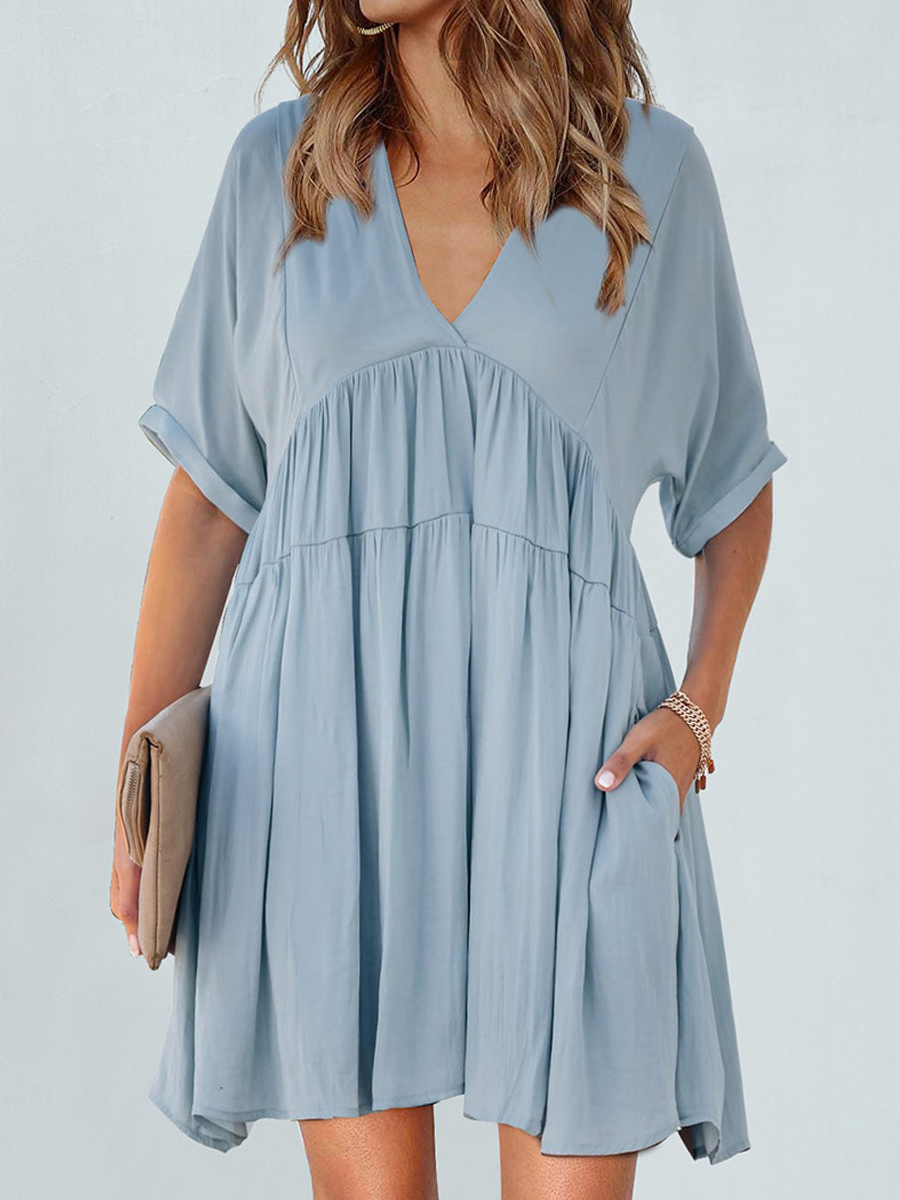 V neck Loose Casual Solid Color Short sleeved Short Dress