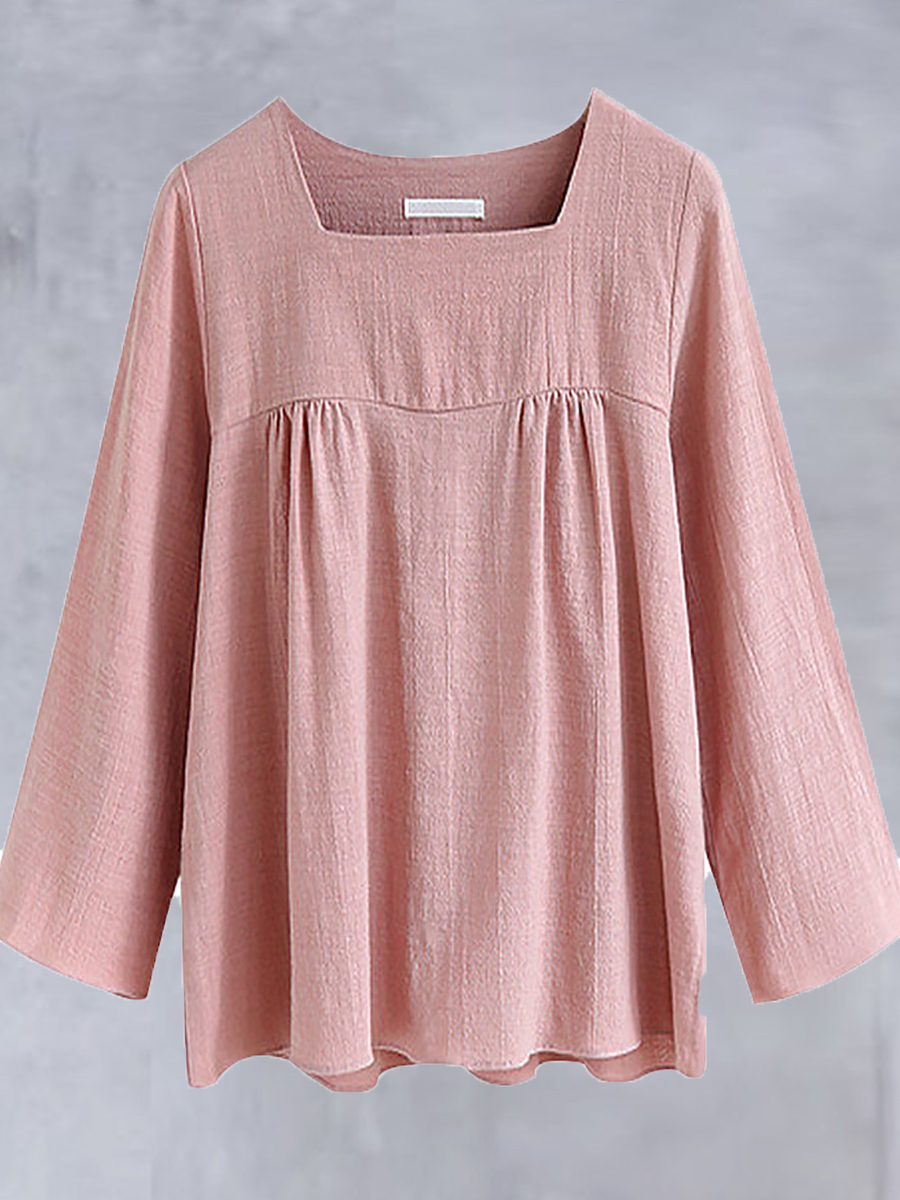 Round Neck Loose Casual Solid Color Long sleeved Blouse