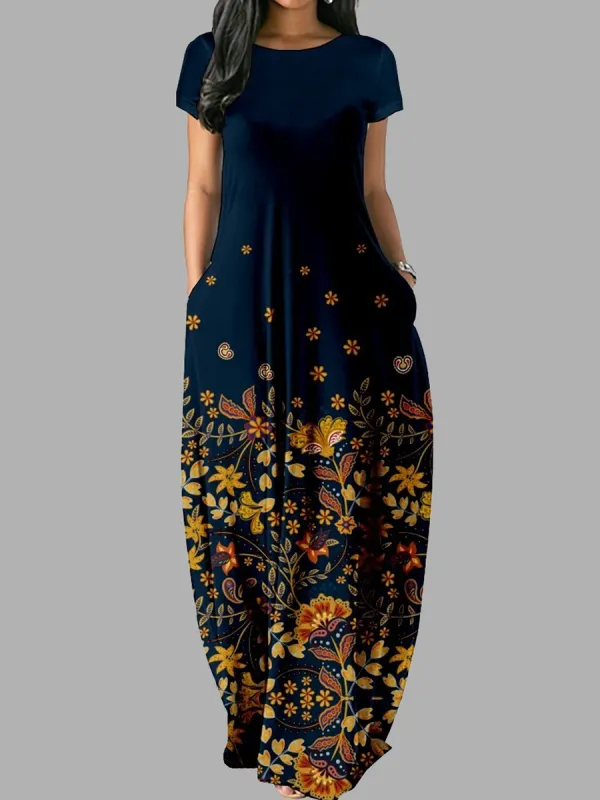 Casual Crew Neck Vintage Print Short Sleeve Maxi Dress - Oasisjoy.com 