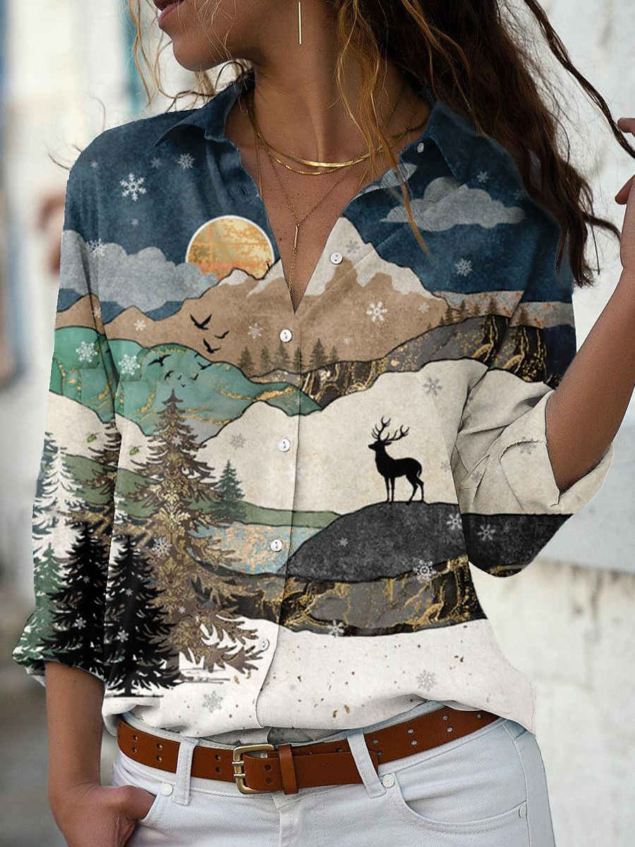 Casual Loose Landscape Print Long Sleeve Blouse