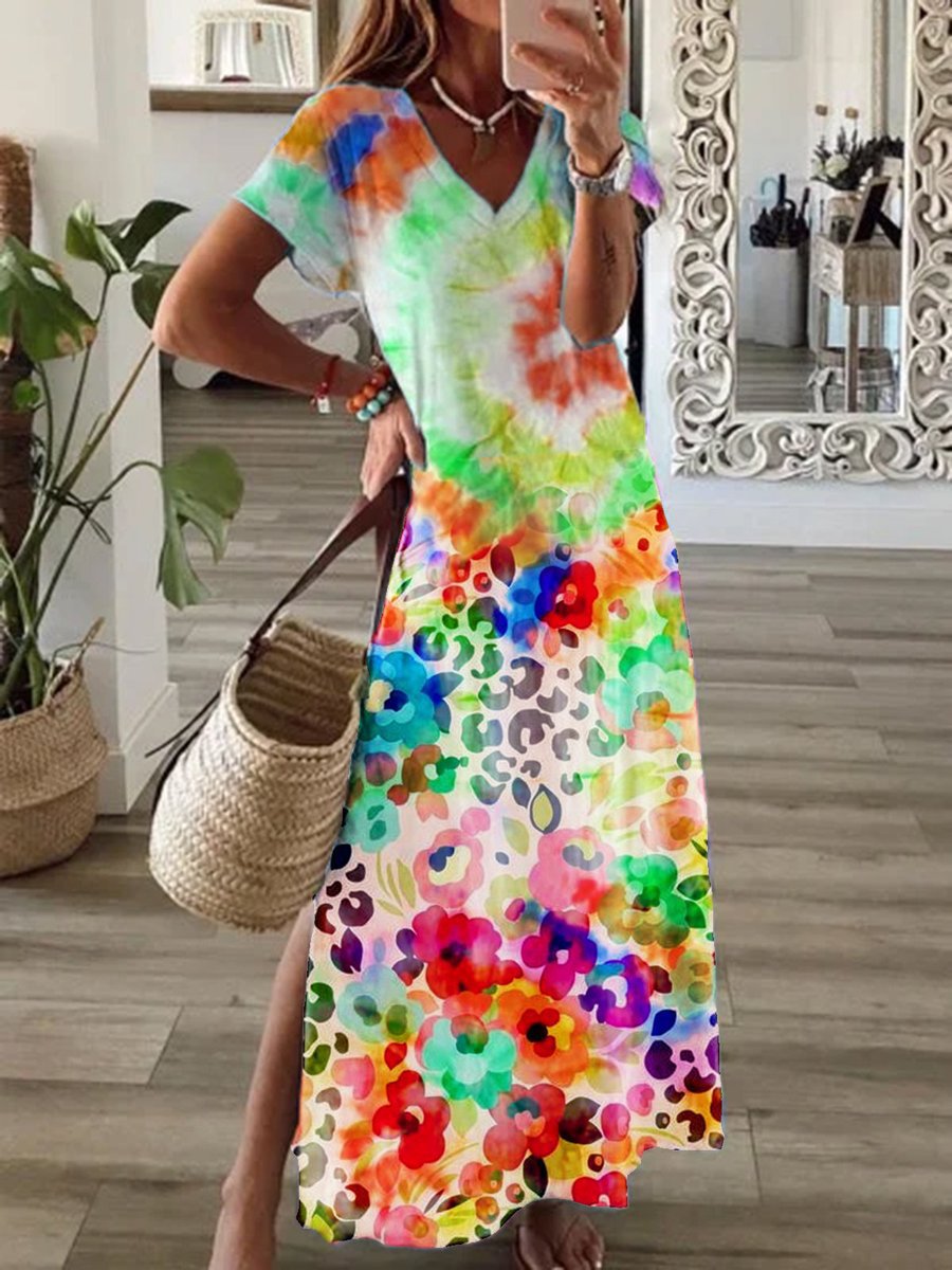V neck Casual Loose Printed Short Sleeve Maxi Dress